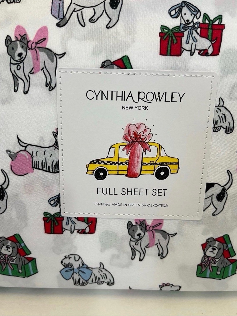 Cynthia Rowley Puppy Cheer Full Size Sheet Set Presents Bows Ornaments Gifts - Picture 2 of 11